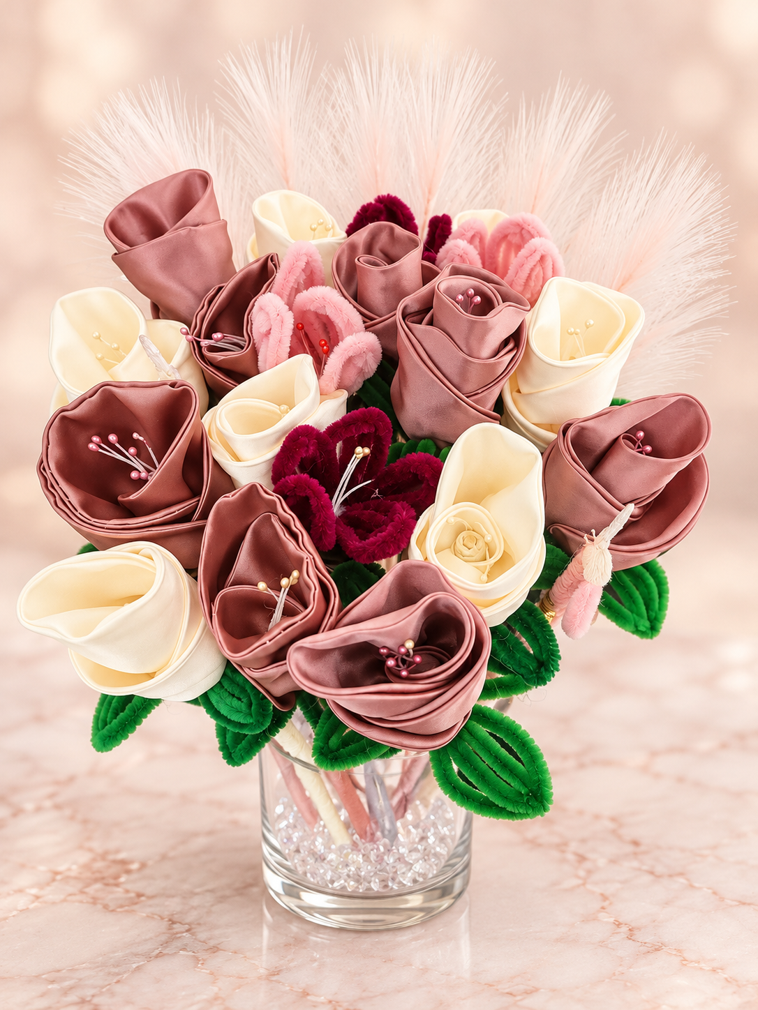 Mauve Satin Rose Bouquet- Medium — 13 handcrafted flowers