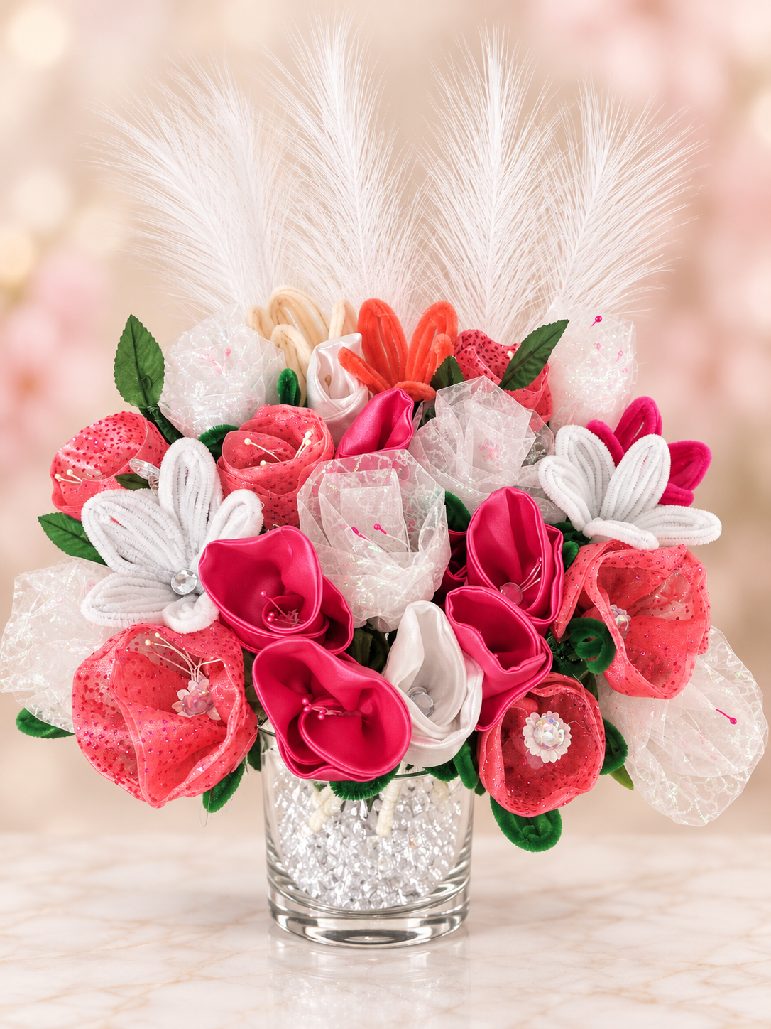 Hot Pink Feathered Bouquet - Large — 24 handcrafted flowers