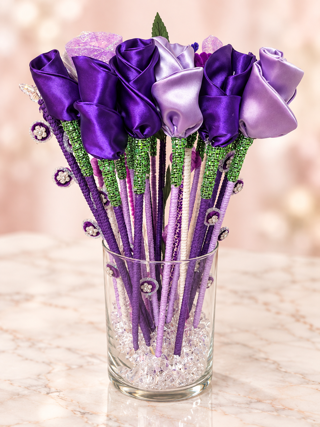 Purple Lavender Satin Bouquet - Medium — 13 handcrafted flowers