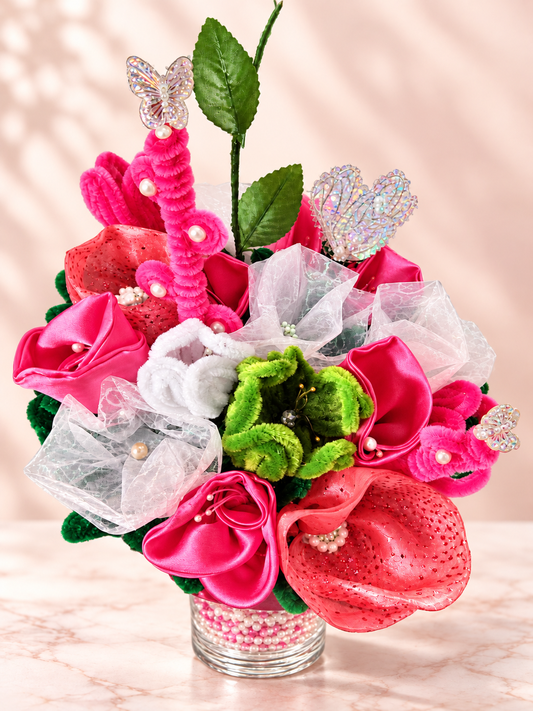 Hot Pink Satin Rose Bouquet- Medium — 13 handcrafted flowers