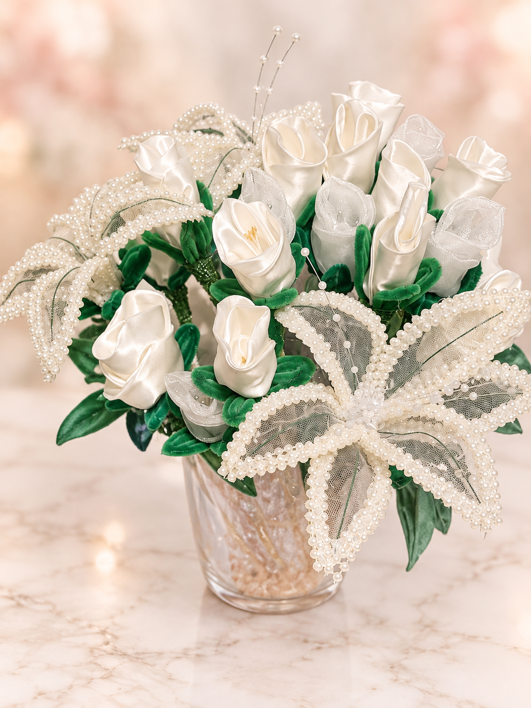 Pearl-Edged Lily Arrangement - Medium — 13 handcrafted flowers