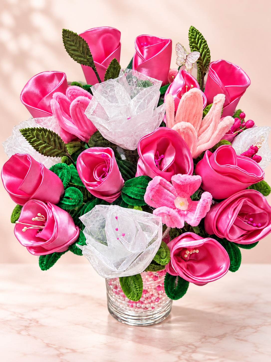 Hot Pink Satin Rose Bouquet- Medium — 13 handcrafted flowers