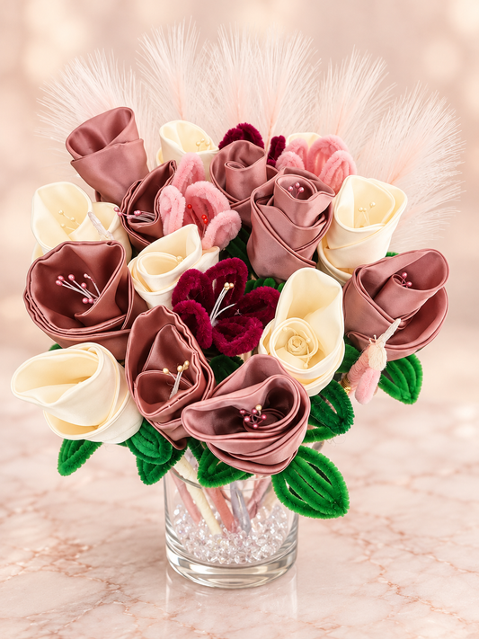 Mauve Satin Rose Bouquet- Medium — 13 handcrafted flowers