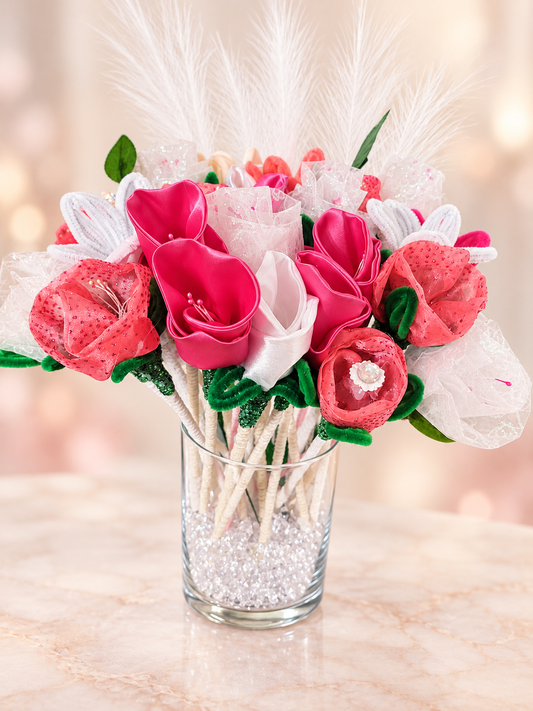 Hot Pink Feathered Bouquet - Large — 24 handcrafted flowers