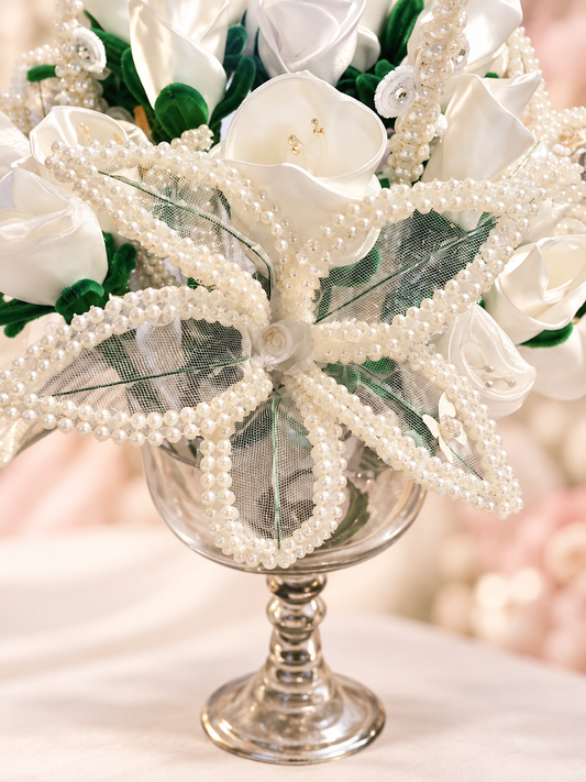 Ivory Satin & Pearl Bouquet- Large — 24 handcrafted flowers