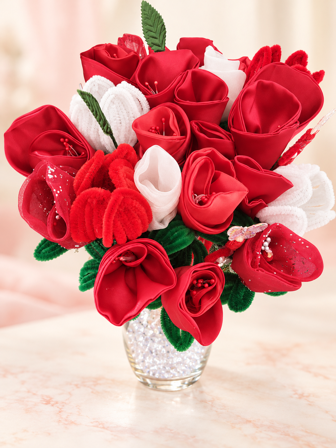 Classic Red Satin Rose Bouquet- Large — 24 handcrafted flowers